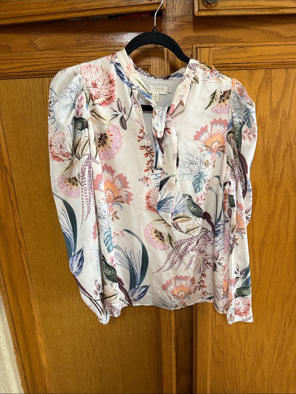 Vintage Ted Baker Harlynn Botanical Print tie neck blouse with puff sleeves